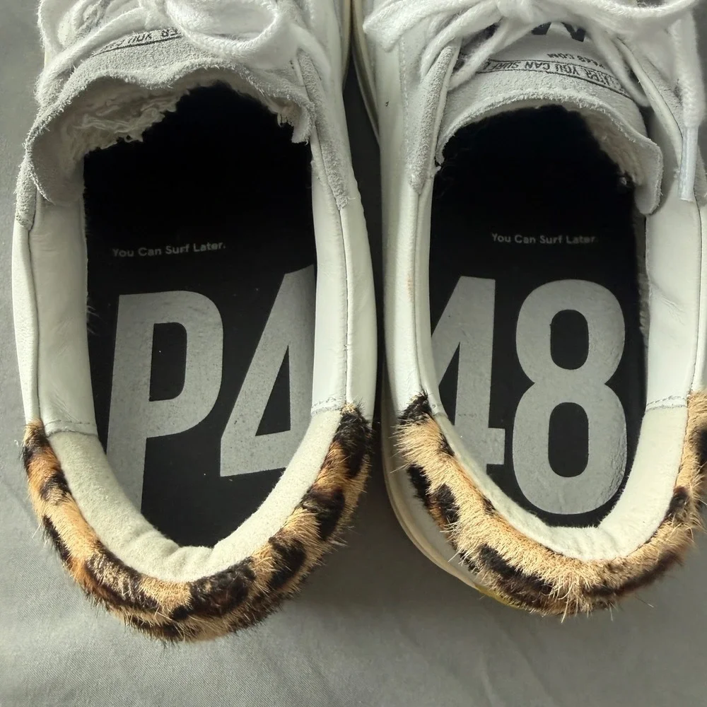 P448‎ John Sneakers Women 38 White Grey Leopard Calf Hair Yellow Low Top Italy